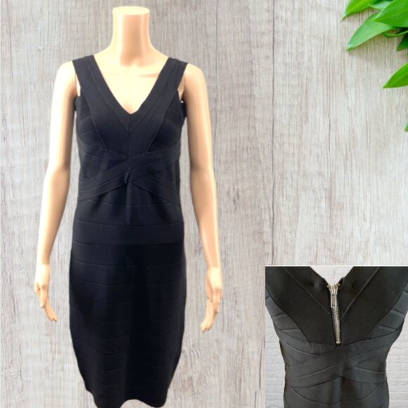 VENUS -- Bandage Dress, Black, Shoulder Straps, Zip Back, Knee Length, Stretchy - Picture 1 of 16
